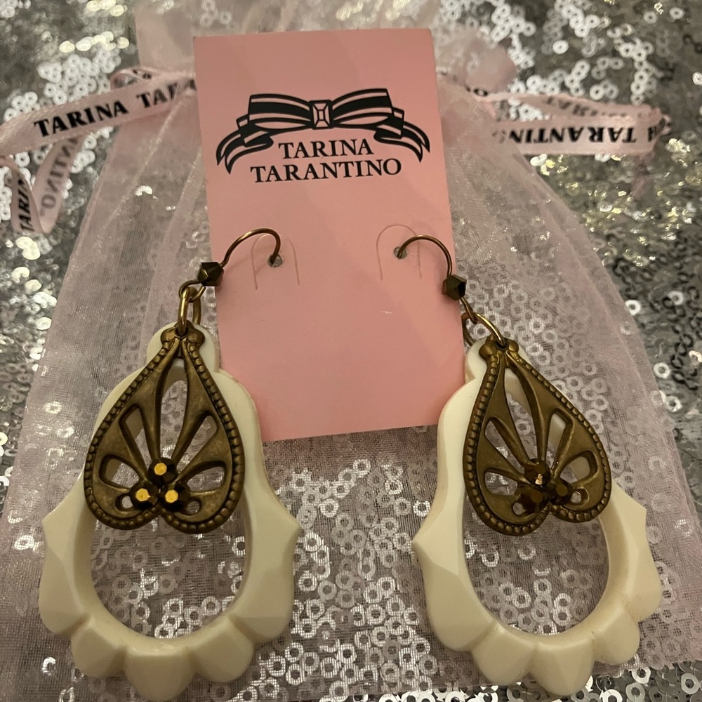 Tarina Tarantino Cream and Antique Gold Teardrop Earrings
